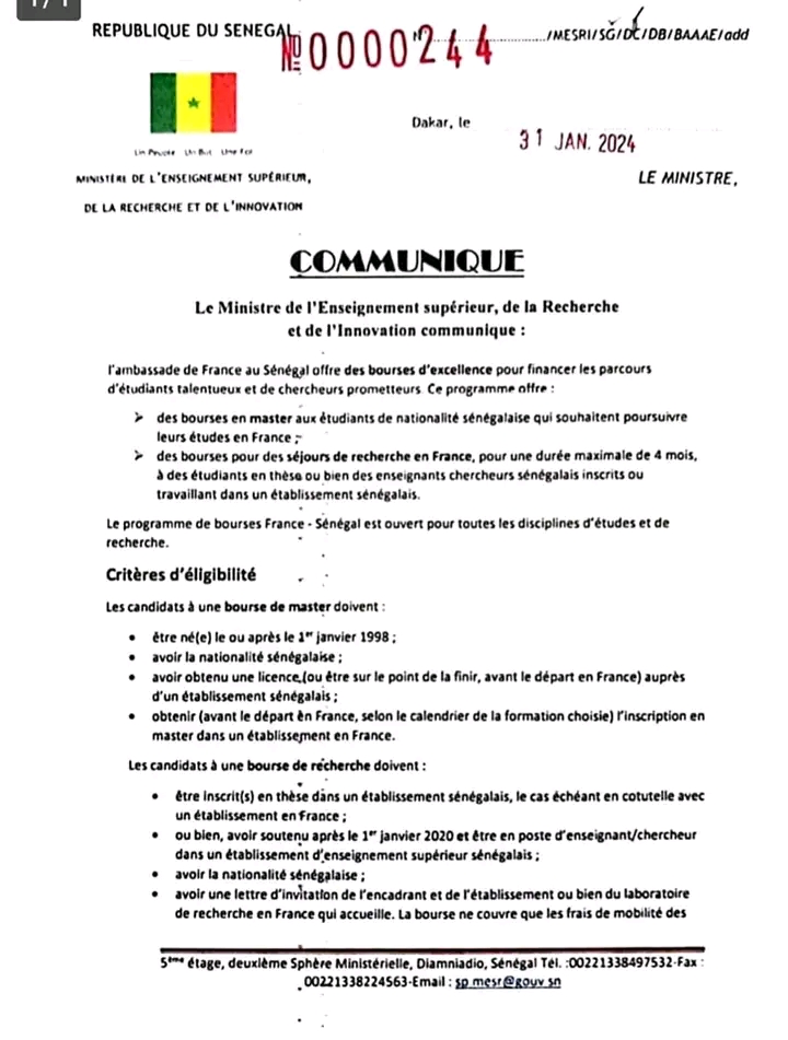 Ambassade de France au Sénégal offres des bourses aux étudiants sénégalais 2