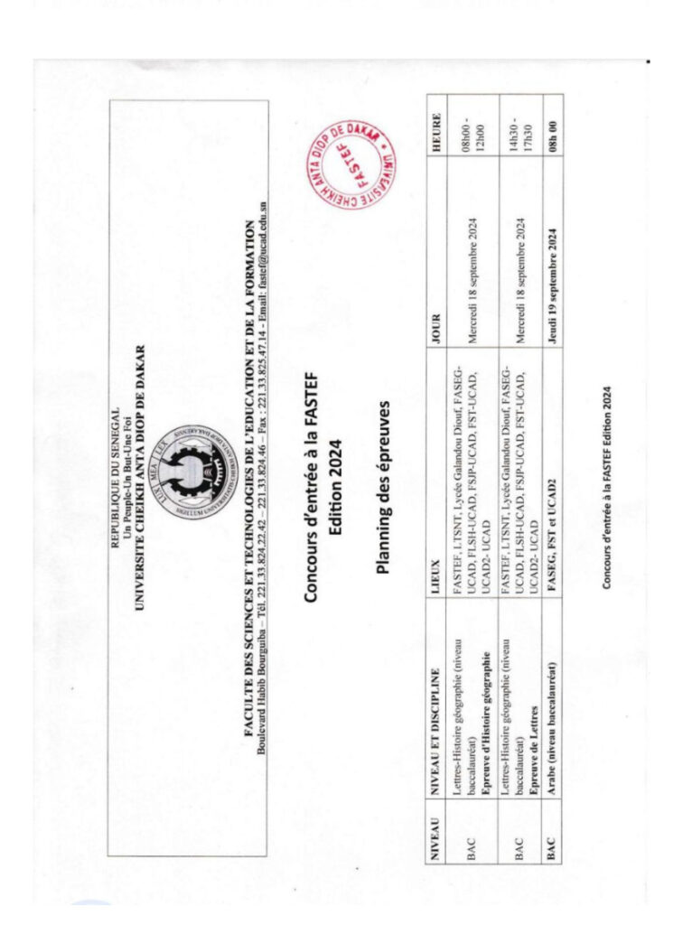 Concours FASTEF 2024 – Liste des différents centres d’examen