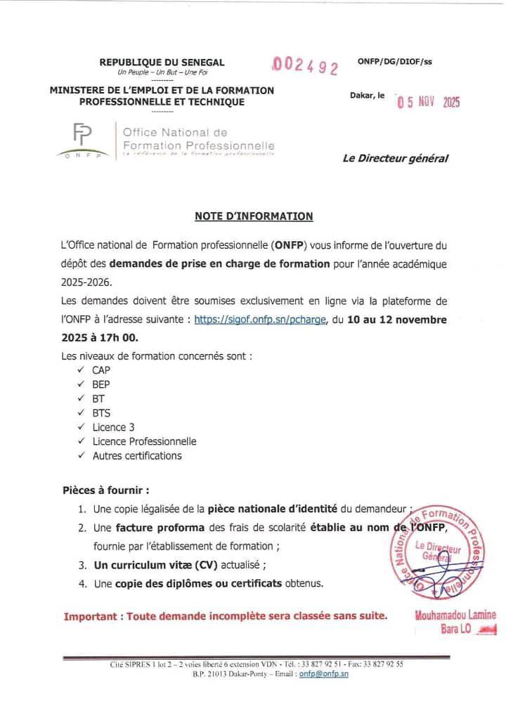ONFP : Dépôt gratuit des demandes de prise en charge pour l’année 2025-2026 (CAP, BEP, BT, BTS, Licences…)