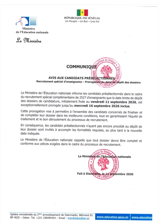 Recrutement de 2 527 enseignants au Sénégal: AVIS IMPORTANT