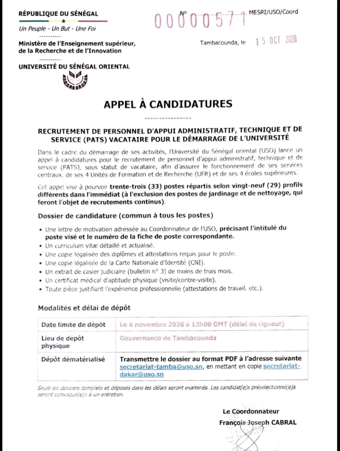 Recrutement Massif chez USO ( Université du Sénégal Orientale )